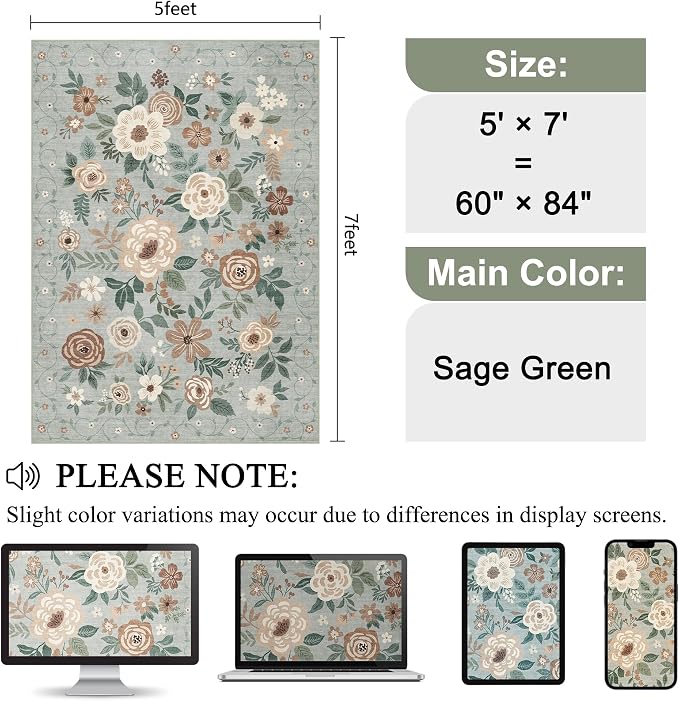 DUKINO 5x7 Area Rug Floral Washable Rug - Image 2
