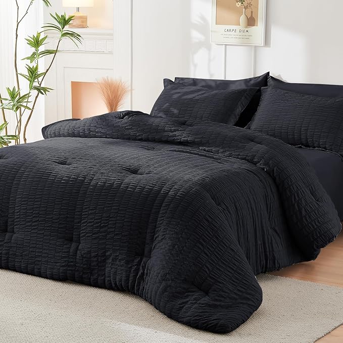 HYMOKEGE Black King Size Comforter Set Seersucker 7 Pieces, All Season Luxury Bed in a Bag for Bedroom, Bedding Set with Comforters, Sheets, Pillowcases & Shams