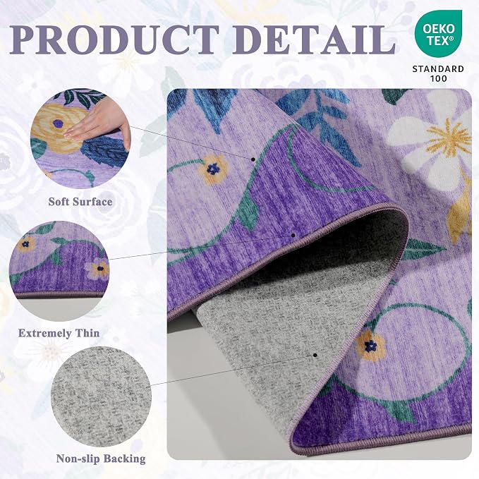DUKINO 2x4 Entryway Rug, Floral Washable Kitchen Rugs Non Slip, Soft Indoor - Image 4