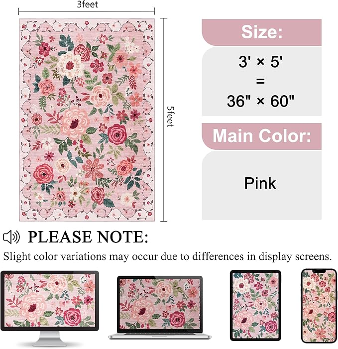 DUKINO 3x5 Area Rug, Floral Washable Rug - Image 2