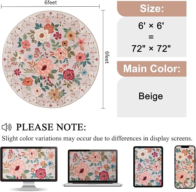 DUKINO 6ft Round Rug, Soft Washable Circle Rug - Image 2