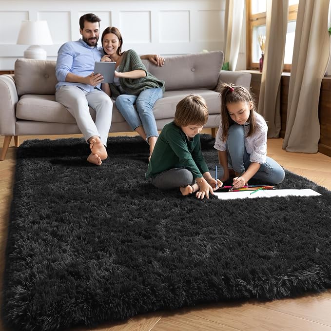 Fluffy Shaggy Black Area Rug 8x10 Feet, Plush Rugs - Image 3