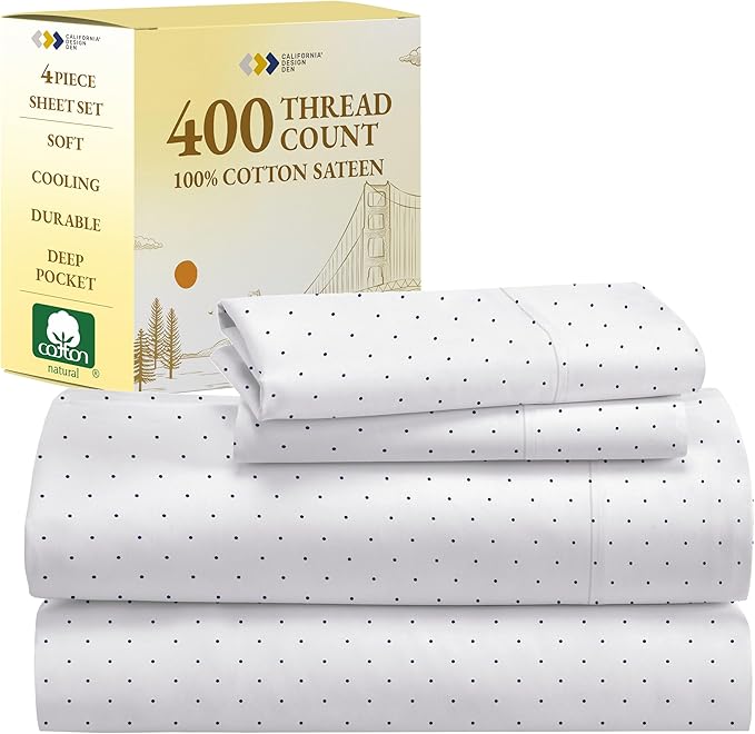 California Design Den Queen Sheet Set - 400 Thread Count Sateen, Natural 100% Cotton Sheets for Queen Size Bed, Deep Pocket Cooling and Durable Bedding - Polka Dot