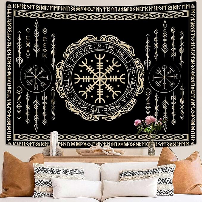 OSUNBD Nordic Vikings Tapestry Large 93x71inches Soft Flannel Vegvsir Symbol Amulet Celtic Rune Scandinavian Aesthetic Mythology Tapestry Wall Hanging for Bedroom Living Room Decor