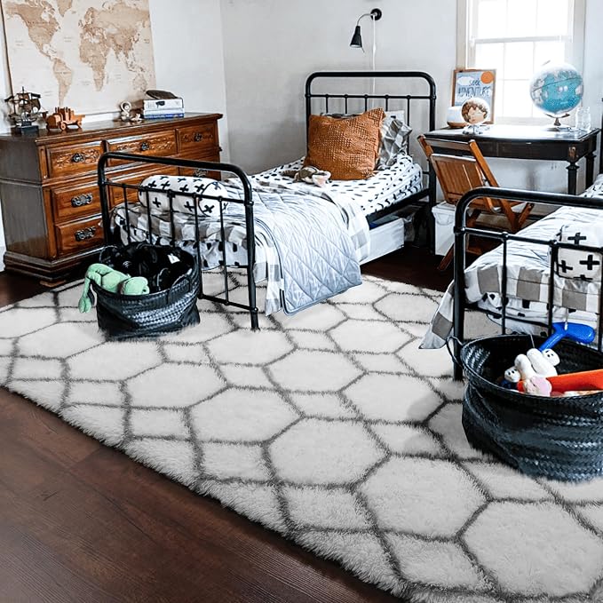 7x9 Area Rugs for Living Room Bedroom, Fluffy White and Grey Geometric Rug | - Image 8