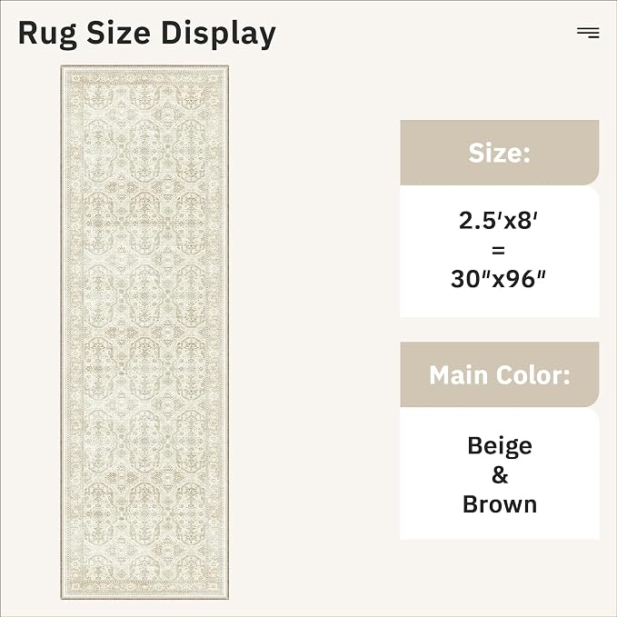 Soalmost Washable Runner Rug 2'6"x8' Kitchen Hallway Runners Beige/Brown | Soft - Image 5