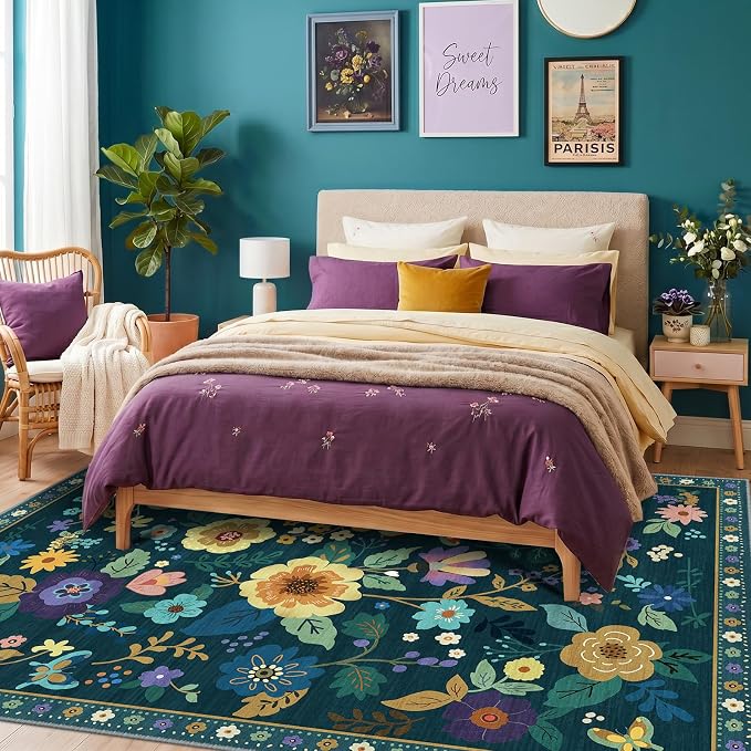 RELEANY Floral Washable 5x7 Area Rugs Teal/Purple | Flower Carpet Print Boho - Image 9