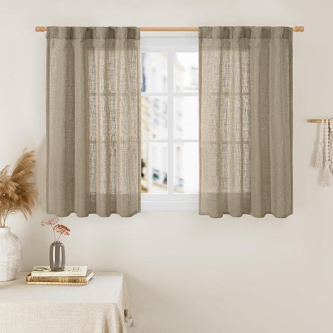 40 Inch Length Linen Curtains for Small Windows Over Silk 2 Panels | Semi Sheer by LAMIT