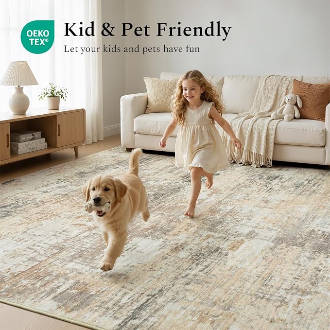 Rugflix 5x7 Area Rugs for Living Room, Washable Gold Beige Grey Large Rug | - Image 5