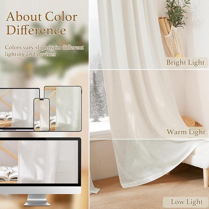 RYB HOME Linen Blend Curtains for Kitchen Bedroom, Thick Heavy Textured Breathable Light Filtering Semi Sheer Short Drapes for Small Window Sunroom, W 42 x L 54 inches, Linen, 2 Panels