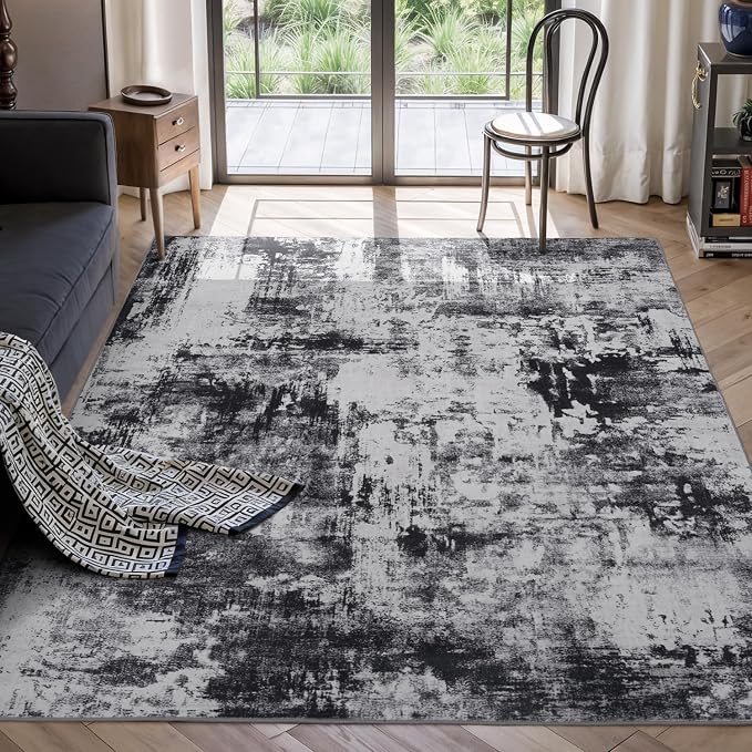 Rugflix 5x8 Area Rugs for Living Room, Washable Black Grey Dark Large Rug | by RugflixAreaRugs