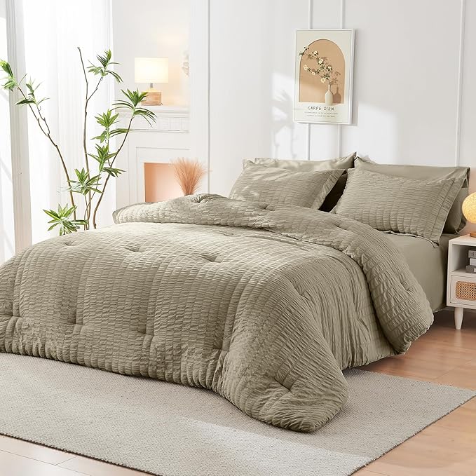 HYMOKEGE Linen King Size Comforter Set Seersucker 7 Pieces, All Season Luxury Bed in a Bag for Bedroom, Bedding Set with Comforter, Sheets, Pillowcases & Shams