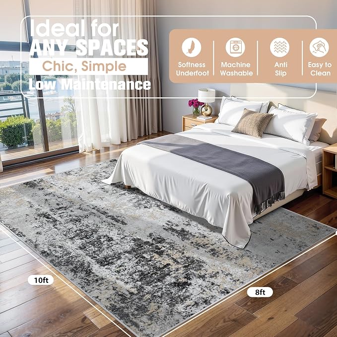 8x10 Area Rugs for Living Room Washable Bedroom Dining Room Black Grey Gold | - Image 2