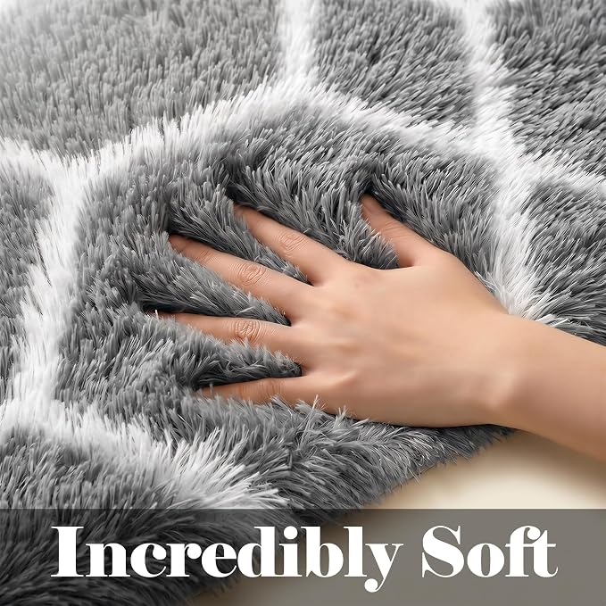 Area Rugs for Bedroom Living Room, 4x6 Fluffy Grey and White Geometric Rug | - Image 3
