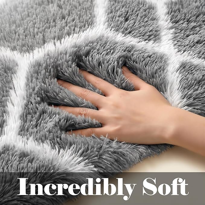 Area Rugs for Living Room, 7x10 Fluffy Grey and White Geometric Bedroom Rug | - Image 3