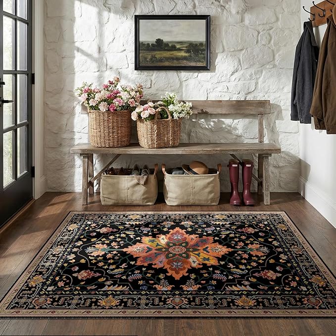 RELEANY Washable Area Rug, Water Repellent, Pet Friendly, Vintage Floral Boho - Image 4