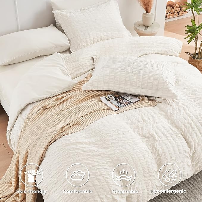 HYMOKEGE Ivory Twin Comforter Set Seersucker 5 Pieces, All Season Luxury Bed in a Bag for Bedroom, Bedding Set with Comforters, Sheets, Pillowcase & Shams