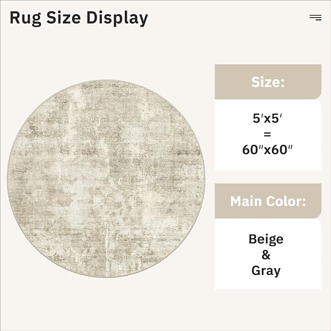 Soalmost Abstract 5x5 Round Rug 5ft Circle Living Room Rugs, Low Pile Stain - Image 5
