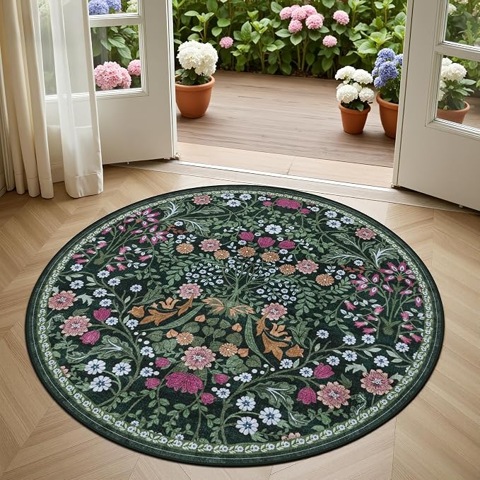 PLHXFR Round Area Rug Living Room: 4 ft Floral Washable Carpet Dark Green | - Image 2