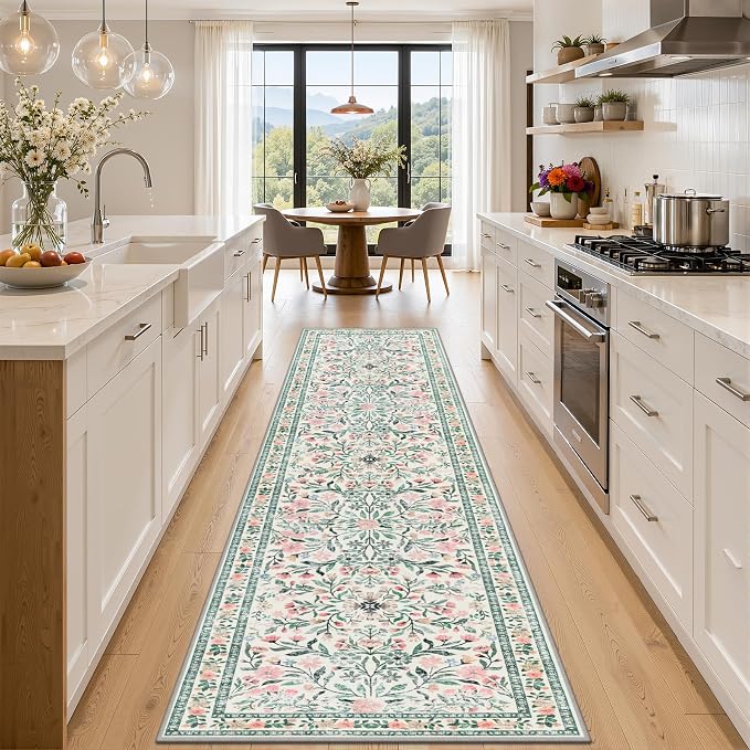 PLHXFR 2x5 Washable Runner Rug：Floral Indoor Kitchen Carpet Green Beige | by PLHXFRSoftAreaRugs