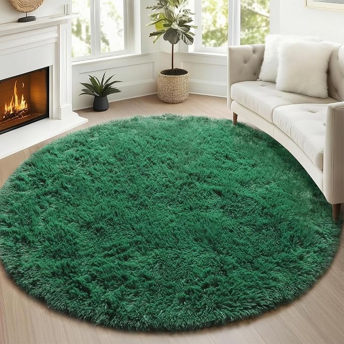 Dark Green Round Area Rug 4ft, Soft Bedroom Circle Rugs - Image 5