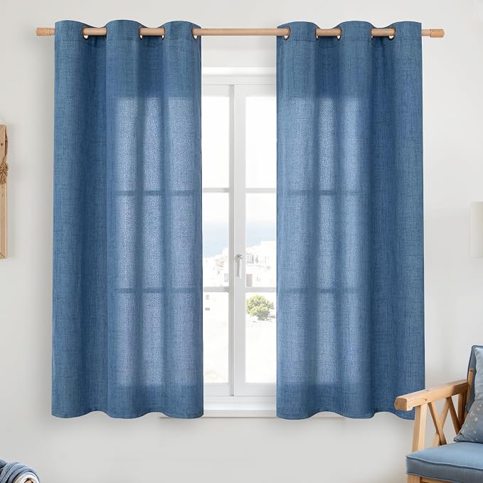 YoungsTex Navy Blue Linen Curtains 45 Inch Length, Short Light Filtering Semi by YoungsTex