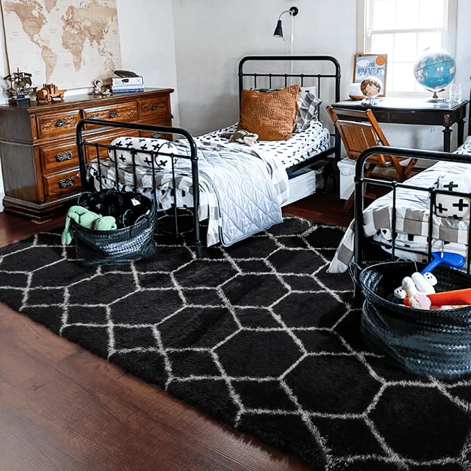 7x9 Area Rugs for Living Room Bedroom, Fluffy Black and White Geometric Rug | - Image 9