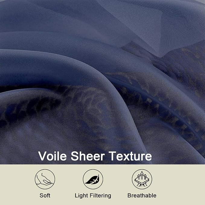 Navy Blue Sheer Curtain for Bedroom Living Room 78 Inches Long 2 Panels Set - Image 3