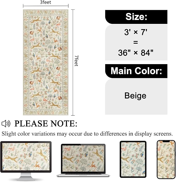 DUKINO 3x7 Hallway Runner Rug, Non Slip Animal Kitchen Runner Rug, Low Pile - Image 2