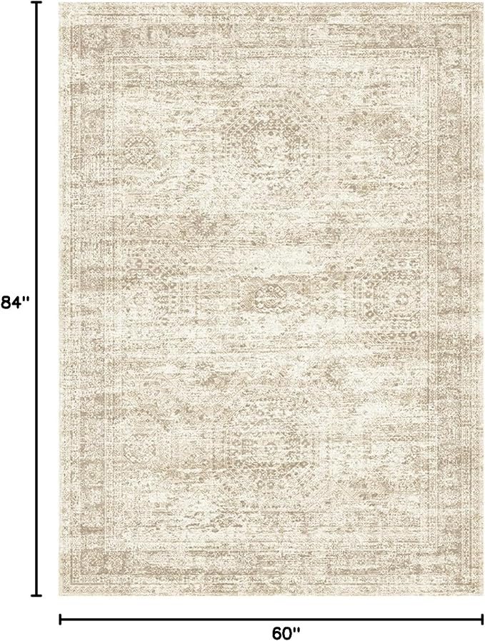 Soalmost 5x7 Area Rugs Beige Low Pile Washable Trendy Faded Style Rug | Vintage - Image 2