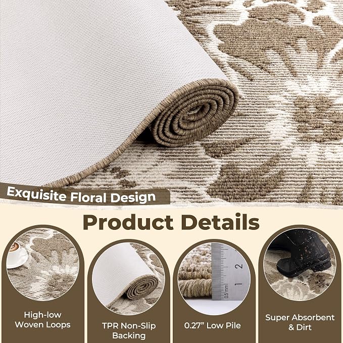 Findosom Hallway Runner Rug 2x8, Non Slip High-Low Textured Floral Washable - Image 3