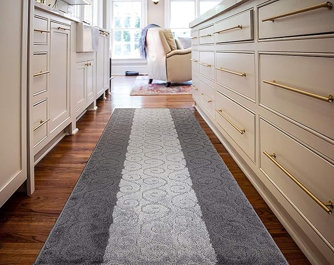 Custom Size Modern Runner Rug Carpet for Hallway Entryway Foyer Kitchen, Slip Resistant Latex Rubber Backed 31 inch Wide X Customized Length, Scroll Grey, 31 inch X 17 feet