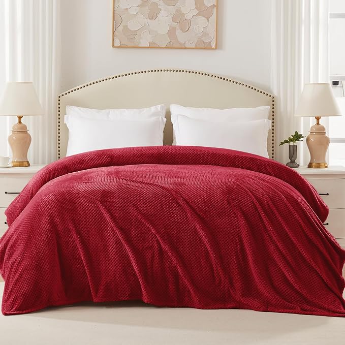 Exclusivo Mezcla Soft Waffle Fleece Bed Blanket Queen Size, Deep Red | - Image 3