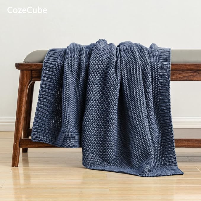CozeCube Dusty Blue Seed Stitch Throw Blanket 60"x80", Farmhouse Decor | Blanket - Image 3