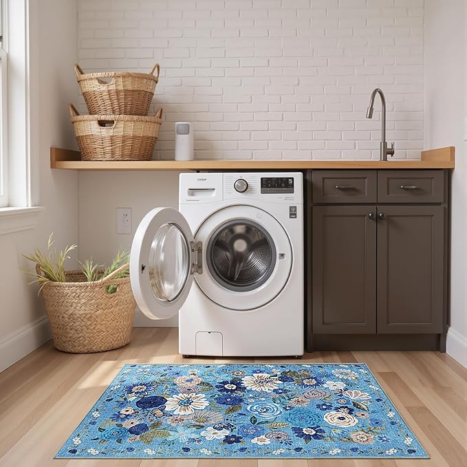 Blue Garden Floral Hallway Runner Rug 2x5for Bedroom Kitchen | Rubber Backing; - Image 4