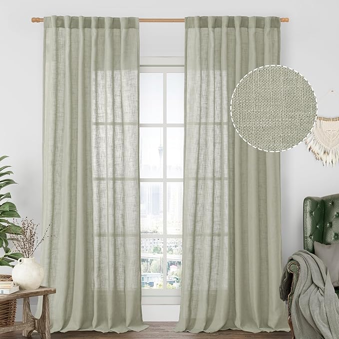 Sage Grey Linen Curtains 90 Inch by LAMIT