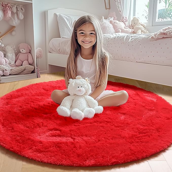 Red Round Rugs 5ft for Bedroom Living Room, Fluffy Circle Area Rug for Kids - Image 8