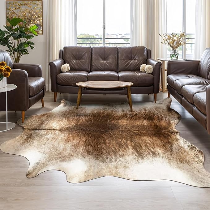 Western Faux Cowhide Rug, Animal Cow Hide Rug, 7 x 6.2 Ft Brownish | Premium by AROGANAREARUG