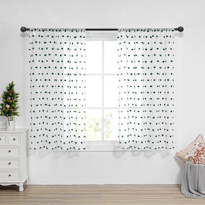 MYSKY HOME Kitchen Curtains 54 Inches Long Small Window Curtains for Christmas Hunter Green Pom Pom Curtains for Cafe Bedroom Nursery Boys Room Rod Pocket 2 Pieces Drapes 52 x 54 inch Length