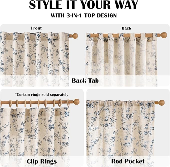 Blue Vintage Floral Linen Curtains Farmhouse 50W X 90L 2 Panels | Elisa Series - Image 5