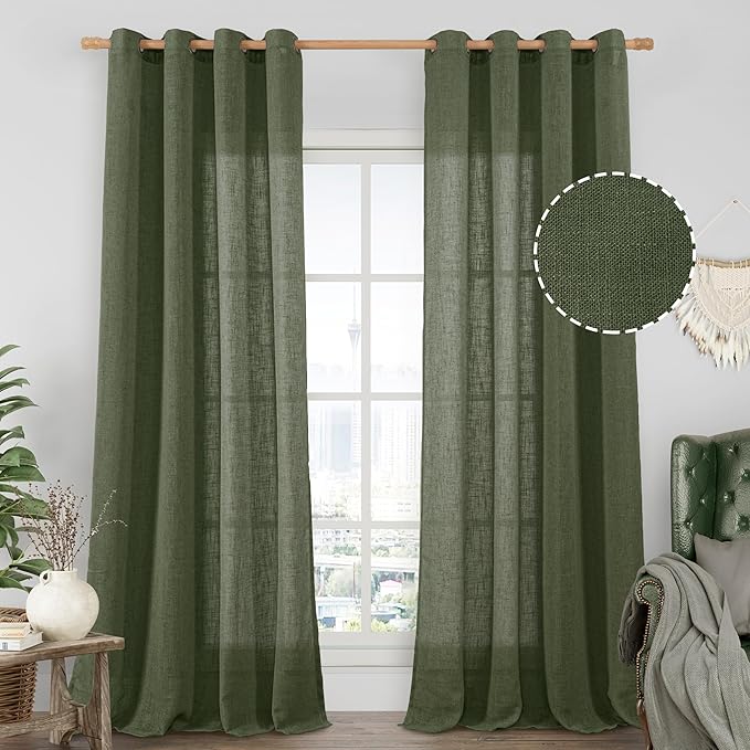Olive Green Linen Sheer Curtains 96 Inches Long by LAMIT