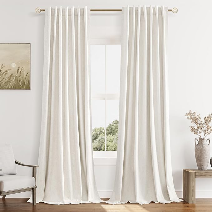 Beige White 100% Blackout Linen Curtains 98 Inch Length 2 Panels Set by Guken