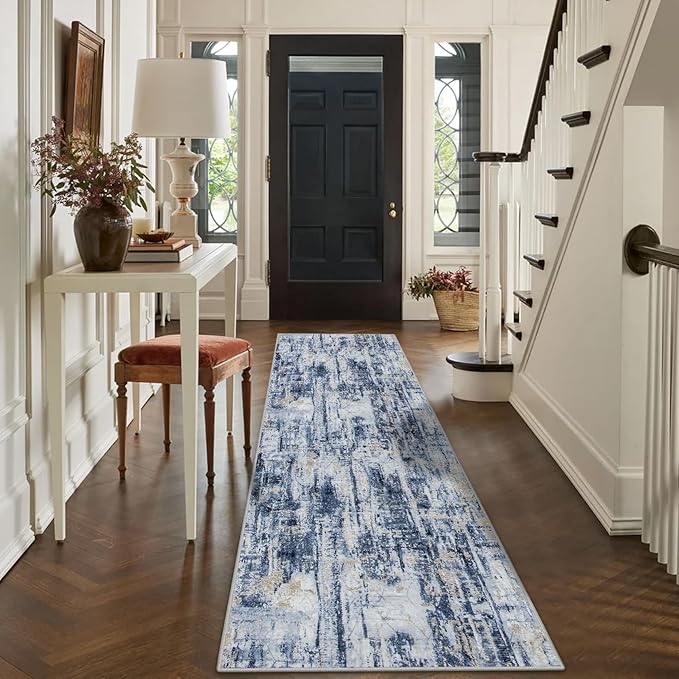 2'6''x8' Runner Rugs Washable Rug: Modern Abstract Hallway Blue Gold Carpet | - Image 4