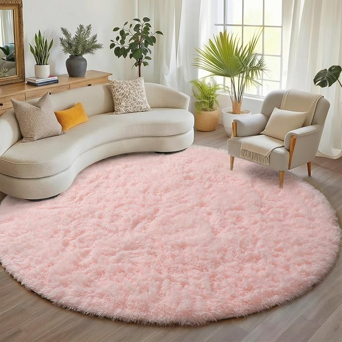 Light Pink Round Area Rugs 6ft for Bedroom Living Room, Fluffy Circle Rug for by ONASAR