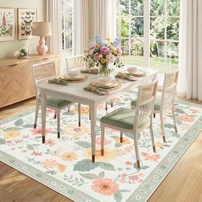 RELEANY Floral Washable 8x10 Area Rugs Beige/Green | Flower Carpet Print Boho - Image 6