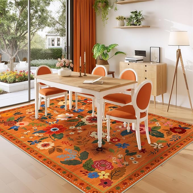 RELEANY Floral Washable 6x9 Area Rugs BurntOrange | Flower Carpet Print Boho - Image 9