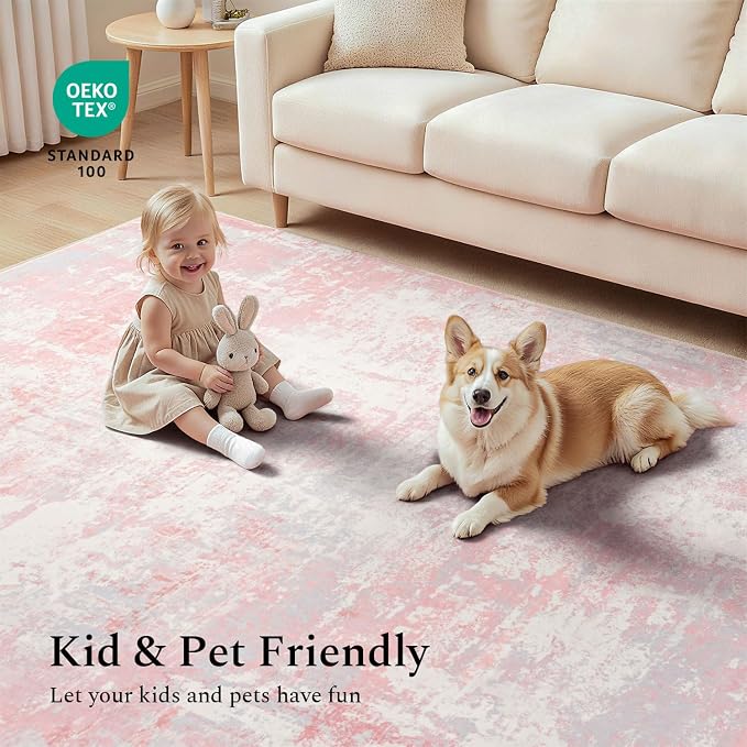 Rugflix 9x12 Area Rugs for Bedroom, Washable Pink Large Rug | Machine Washable; - Image 6