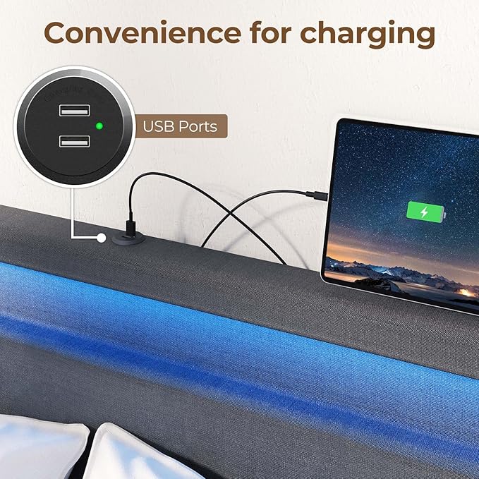 Rolanstar Bed Frame Queen Size with LED Lights and Charging Station, Upholstered Bed with Motion Activated Night Light and Wood Slats, Dark Grey