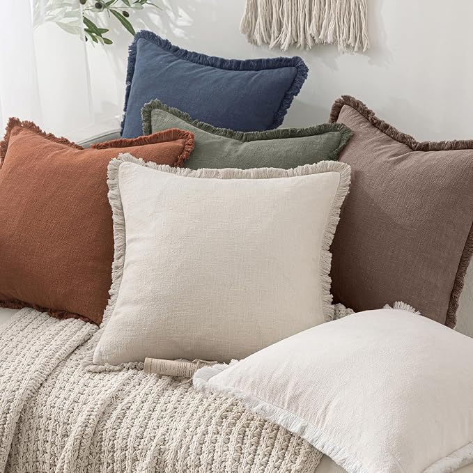 MIULEE Linen Fringe Decorative Fall Throw Pillow Covers Malt Ball 20x20 | Set - Image 6