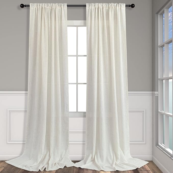 Semi Sheer Linen Curtains 110 Inches Long 2 Panels Set Cream Ivory Living Room - Image 9